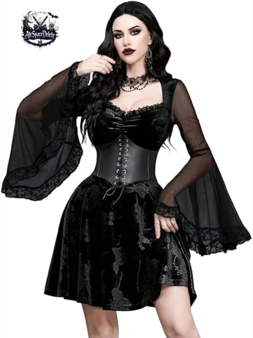 Vintage Gothic Dress with Bell Sleeves, Floral Print, Velvet Fabric